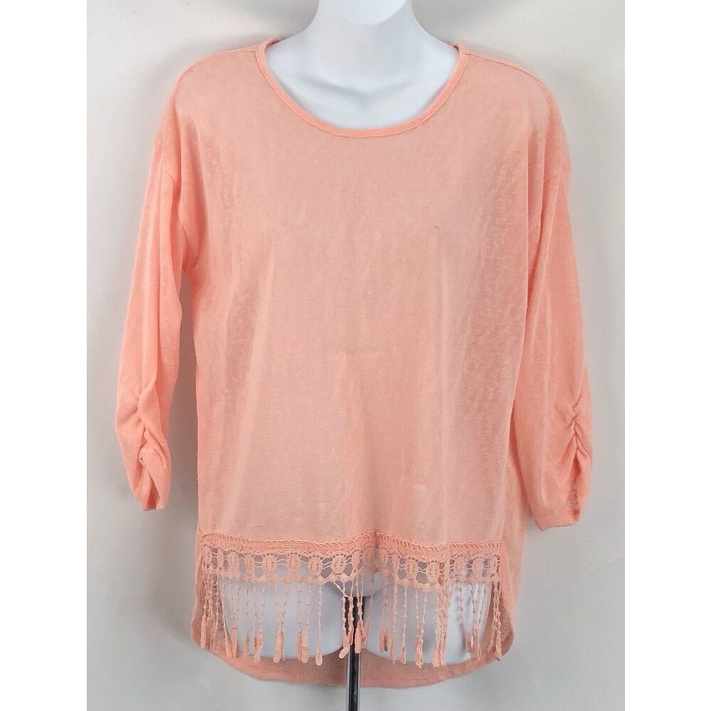NoBo Tunic Sweater L Peach Crochet Fringe Hem Ruched 3/4 Sleeve Beach Fairy Boho